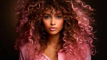 portrait of an attractive woman with long curly hair and pink makeup.