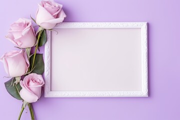 White frame with copy space decorated with pink roses on purple background. Valentine's Day, birthday, anniversary.