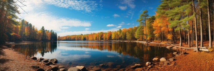 Fototapeta premium a wooded area with trees and a lake near it Generative AI