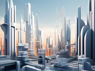 A modern metropolis with stylish angular architecture creating a futuristic and sleek urban landscape.