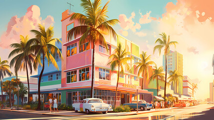 Illustration of a sunny day in an American resort town