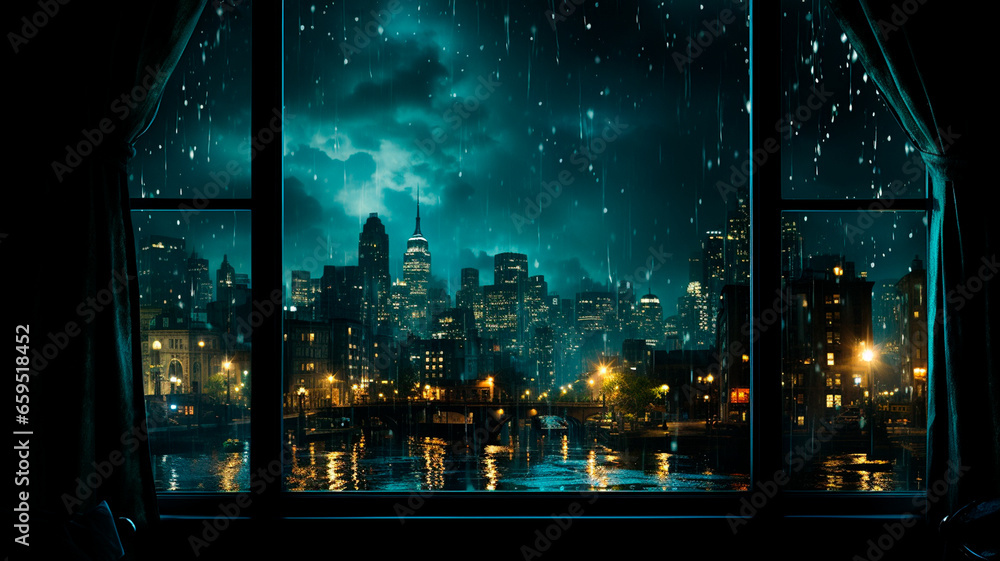 Wall mural city lights and rainy weather