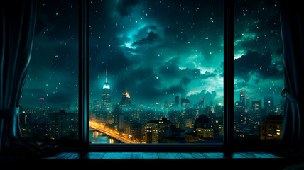 city lights and rainy weather