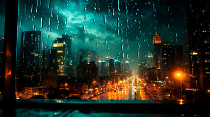 city lights and rainy weather