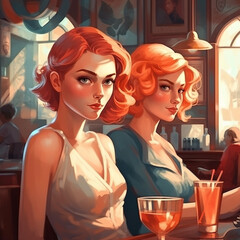 A pair of lovely sisters, embracing the atmosphere, in a dim bar.
