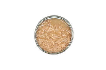 Tuna in mineral water on white background