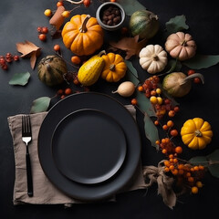 A stylishly laid-out table adorned with festive elements, including a blank card, pumpkins, and seasonal decor, all against a charcoal grey backdrop