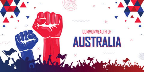 People cheer for Australia, nation flag color combination patriot banner, geometric abstract background, raised fist, human hand, national celebration, strike, parade, riot, protest or rally