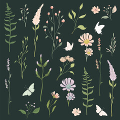 Collection of floral vector elements. Flowers, twigs and butterflies - 659518699