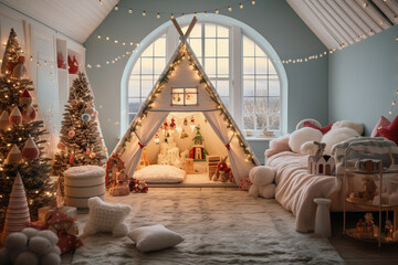 A kid's bedroom filled with stuffed animals, colorful garlands, and a gingerbread house-shaped play tent, creating a whimsical winter wonderland. 