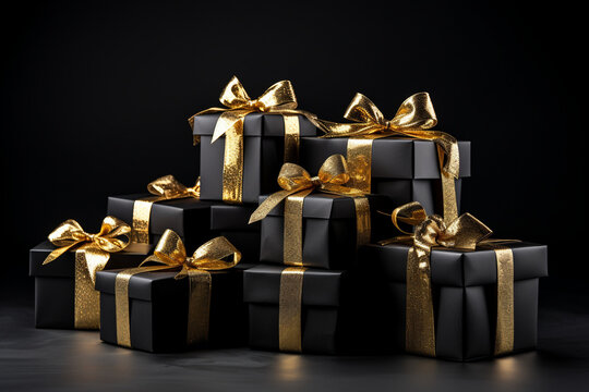Mysterious black gift boxes against a sleek black background