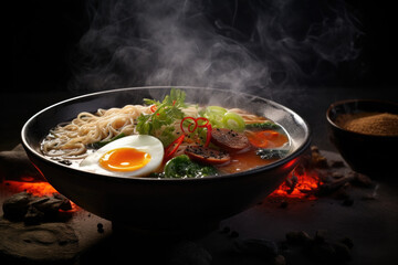 Japanese ramen soup with noodles on dark background. Traditional Asian cuisine - obrazy, fototapety, plakaty