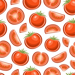 Vector Red Tomato seamless pattern, repeat background with different chopped garden tomatoes for bed linen, decorative square poster with group of flat lay ripe juicy tomato fruits for home interior