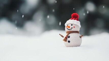 Naklejka na ściany i meble Merry christmas and happy new year greeting card with copy space, cute snowman for happy christmas and new year banner, Happy snowman standing in winter snow background