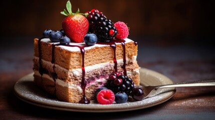 chocolate cake with berries fruits with blur background