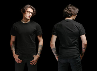 Man model with glasses wearing black blank t-shirt and black jeans over black background. Front and back view