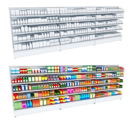 Shelf rack, display case in a supermarket with display of goods. Colored and monochrome. 3d illustration