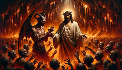 The Subterranean Victory over Satan: Jesus Christ's Descent into Hell / Hades to meet Suffering Souls. - obrazy, fototapety, plakaty