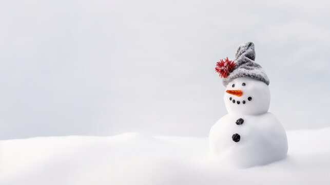 Merry christmas and happy new year greeting card with copy space, cute snowman for happy christmas and new year banner, Happy snowman standing in winter snow background