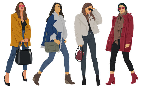 set of winter outfits women fashion vector illustration