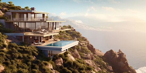 Large luxury modern villa house with swimming pool on mountain hill with sea view.Panorramic.AI Generative - obrazy, fototapety, plakaty