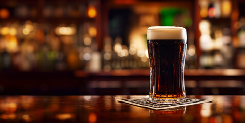 Glass of dark stout beer on bar counter in evening pub background.Space for text.AI Generative
