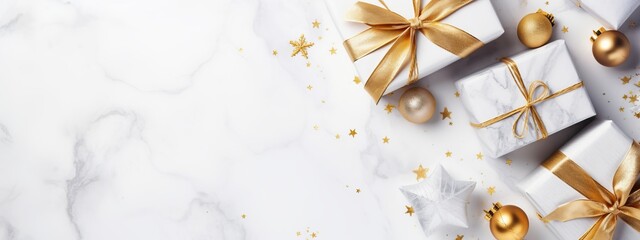 topview present gift box with christmas and new year greeting festive background on white counter marble top background - obrazy, fototapety, plakaty
