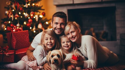 lovely family parent and kid with animal pet dog stay together in chrsitmas festive celebrate night at home living room full of decorating joyfel happiness moment - obrazy, fototapety, plakaty