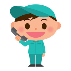 電話をしている作業着の男性