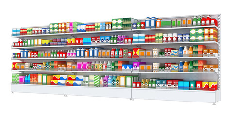 Shelf rack, display case in a supermarket with display of goods. 3d illustration