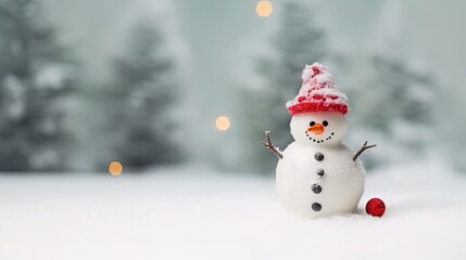 Merry christmas and happy new year greeting card with copy space, cute snowman for happy christmas and new year banner, Happy snowman standing in winter snow background