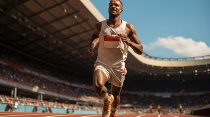 Rucksack male athlete runs a long distance. An African-American man in sportswear runs on a treadmill in a professional stadium. © tirlik