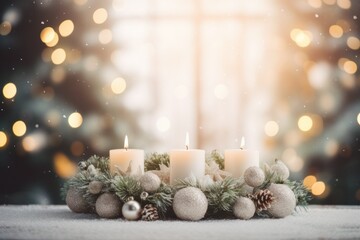 Christmas Advent wreath with 4 burning candles. Decorated Advent wreath from fir and evergreen branches with burning candles