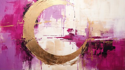 Generative AI, Viva magenta, golden and ivory white colors, circle shapes vintage painting background. Grunge old oil impasto painted wall texture	
