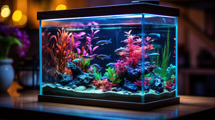 Aquarium fish swim among algae and stones, corrals and underwater plants in a blue neon aquarium