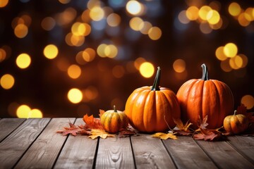 pumpkins on a wooden table with autumn leaves in background Generative AI