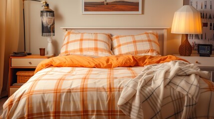  a bed with a plaid comforter and orange sheets and pillows.  generative ai