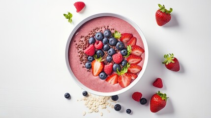  a bowl of fruit and cereal on a white table with strawberries and blueberries.  generative ai