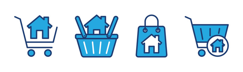 Shopping home icon set. Purchase or buying house icon. Cart trolley with home or house symbol. Editable stroke. Vector illustration