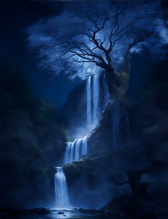 The bonsai tree with moon and beautiful waterfall.