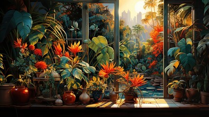 Obraz na płótnie Canvas a painting of a tropical scene with flowers and plants on a window sill. generative ai