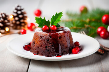 Christmas pudding fruit cake on christmas decoration background.Traditional festive dessert.
