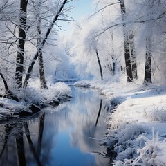 Tranquil winter snowy landscape with water and trees 