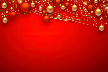 Christmas composition. Garland made of red balls and fir tree branches on red background. Christmas, winter, new year concept.Top view. copy space