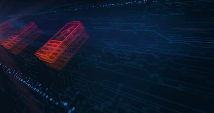 Battery charging energy and recharge power hologram symbol appears on a electronic circuit background. Network, cyber technology and computer abstract concept 3d seamless and loop animation.