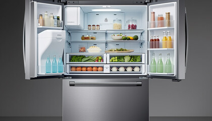 Fresh vegetables and fruits in a modern refrigerator design generated by AI