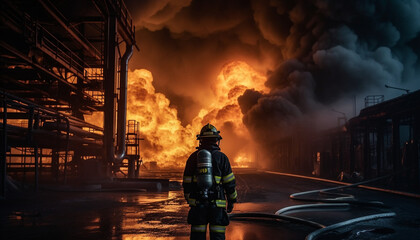 Hardhat firefighter standing outdoors, battling dangerous flames at burning refinery generated by AI - obrazy, fototapety, plakaty
