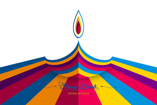 Happy Diwali Festival of Lights India Celebration colorful template. Graphic banner design of Indian Diya Oil Lamp, paper cut Design in vibrant colors. Vector isolated on white  background