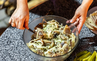 Herring with onions in a bowl, homemade food concept.