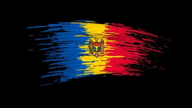 Moldova flag animation. Brush painted moldavian flag on transparent background. Brush strokes. Moldova state patriotic national banner template. Place for text. Animated design element, seamless loop